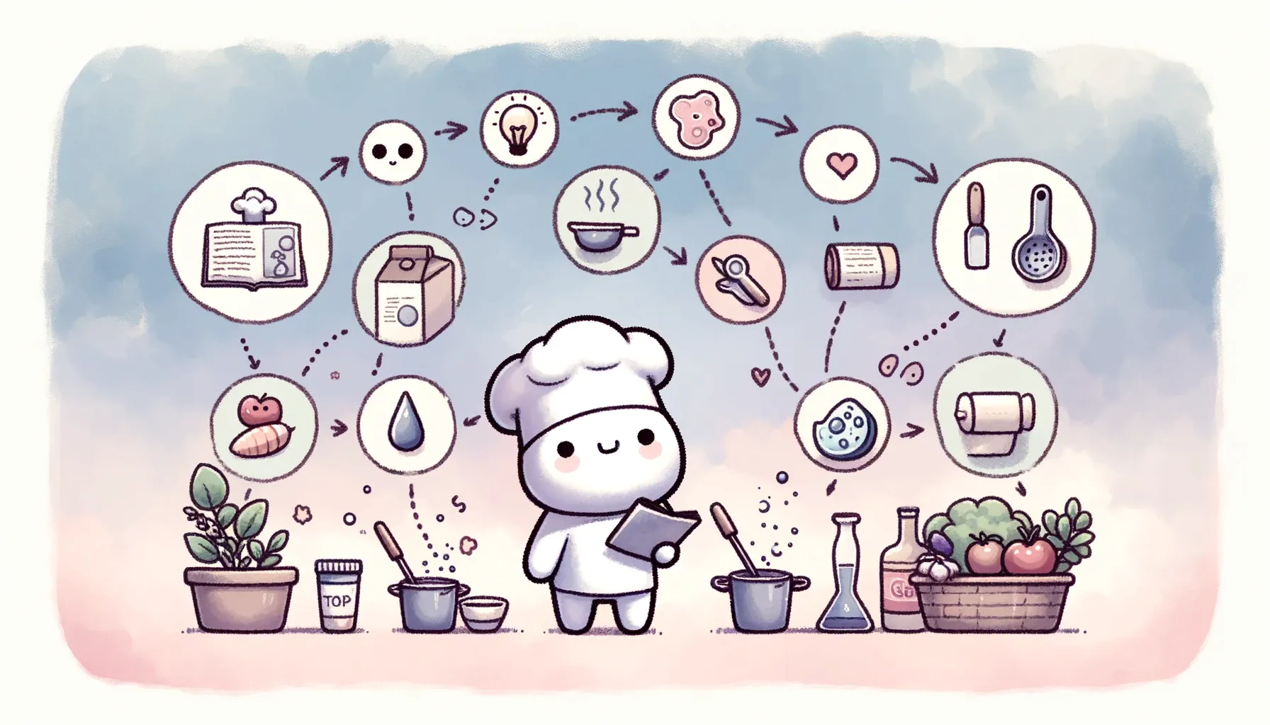An illustration where a chef, surrounded by ingredients, considers the different steps to follow