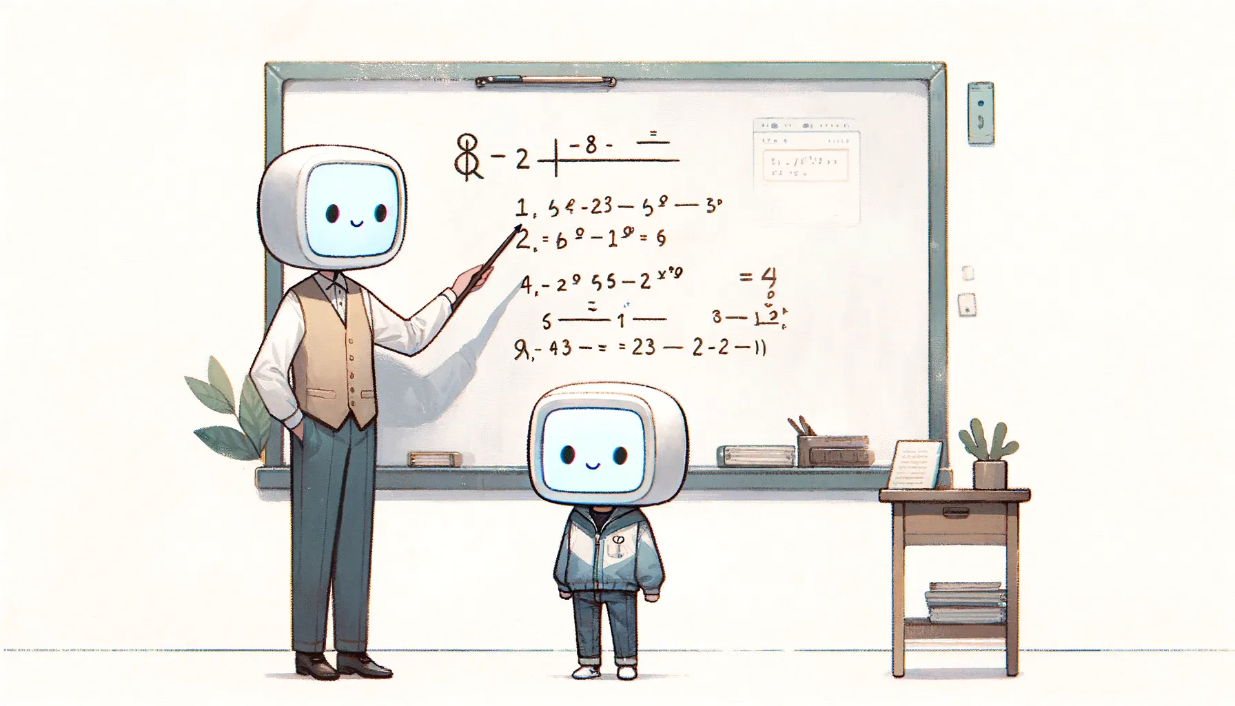 An illustration showing two robots, a teacher and a student, in a classroom. The teacher is pointing at the blackboard