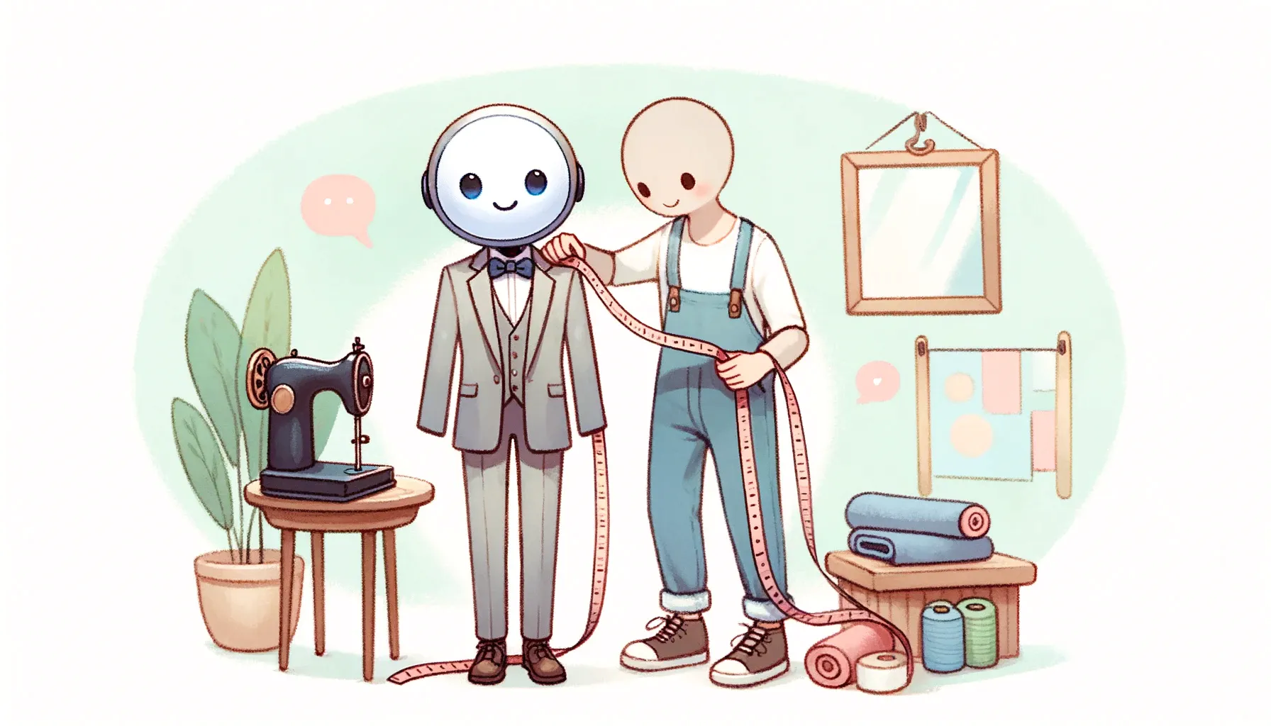 An illustration of a tailor taking measurements to fit a suit on a robot, representing ChatGPT