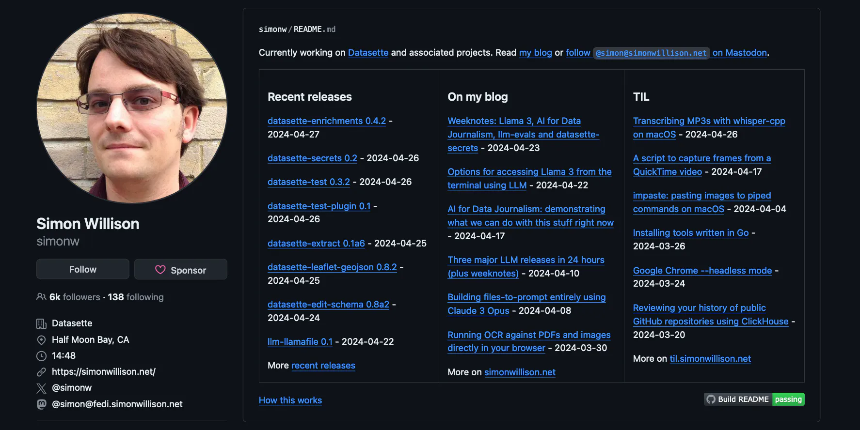 A screenshot of Simon Willison's GitHub profile, showing three columns: recent releases, on my blog, and TIL.