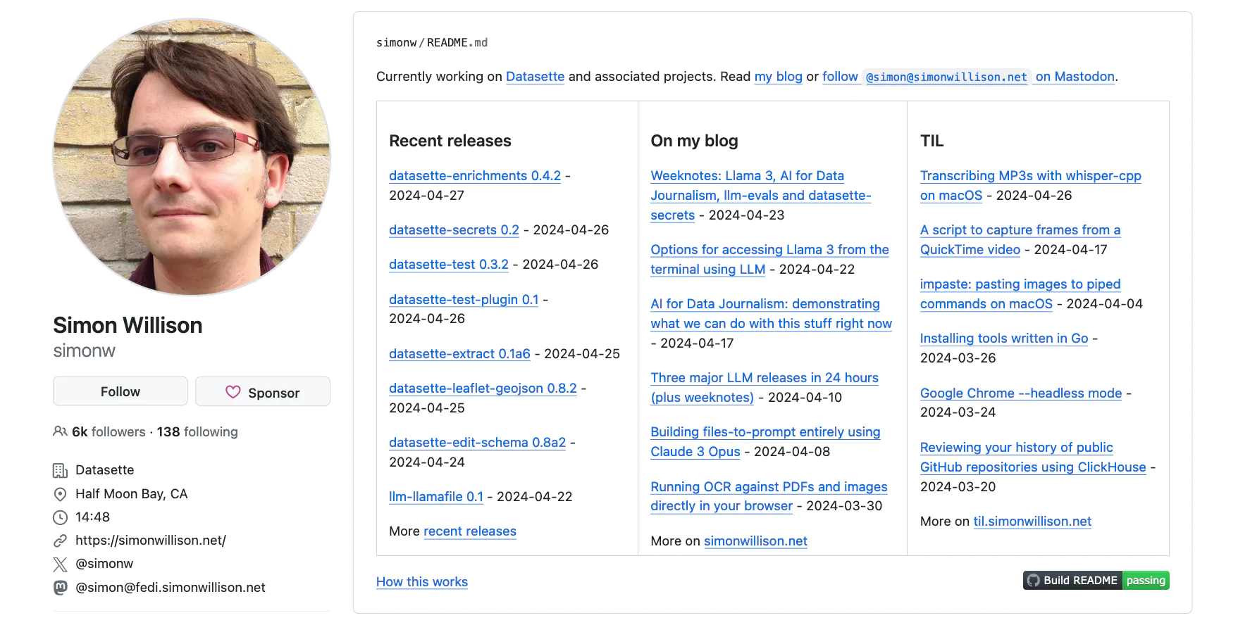 A screenshot of Simon Willison's GitHub profile, showing three columns: recent releases, on my blog, and TIL.