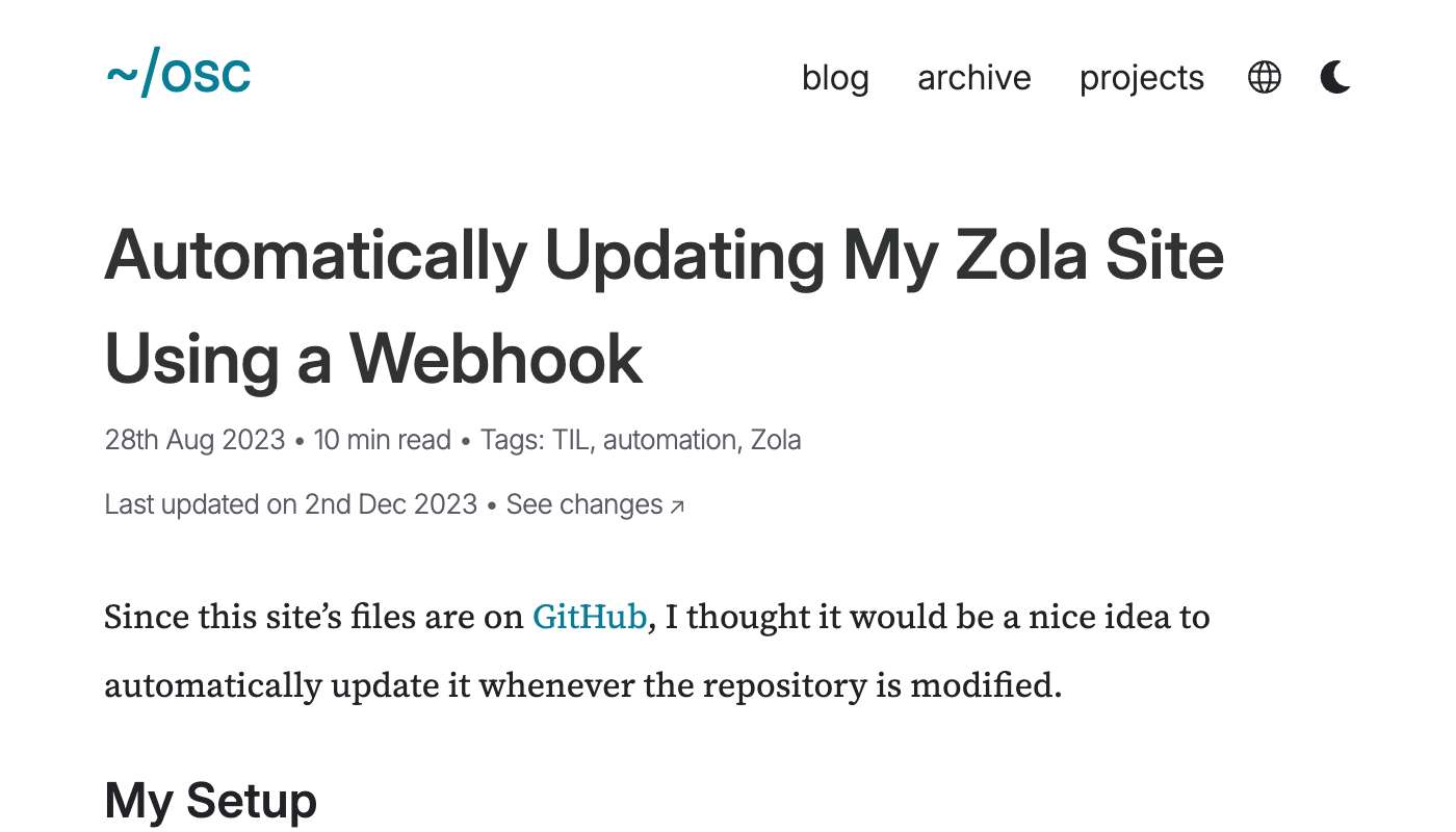 Automatically Updating My Zola Site Using a hook • /osc