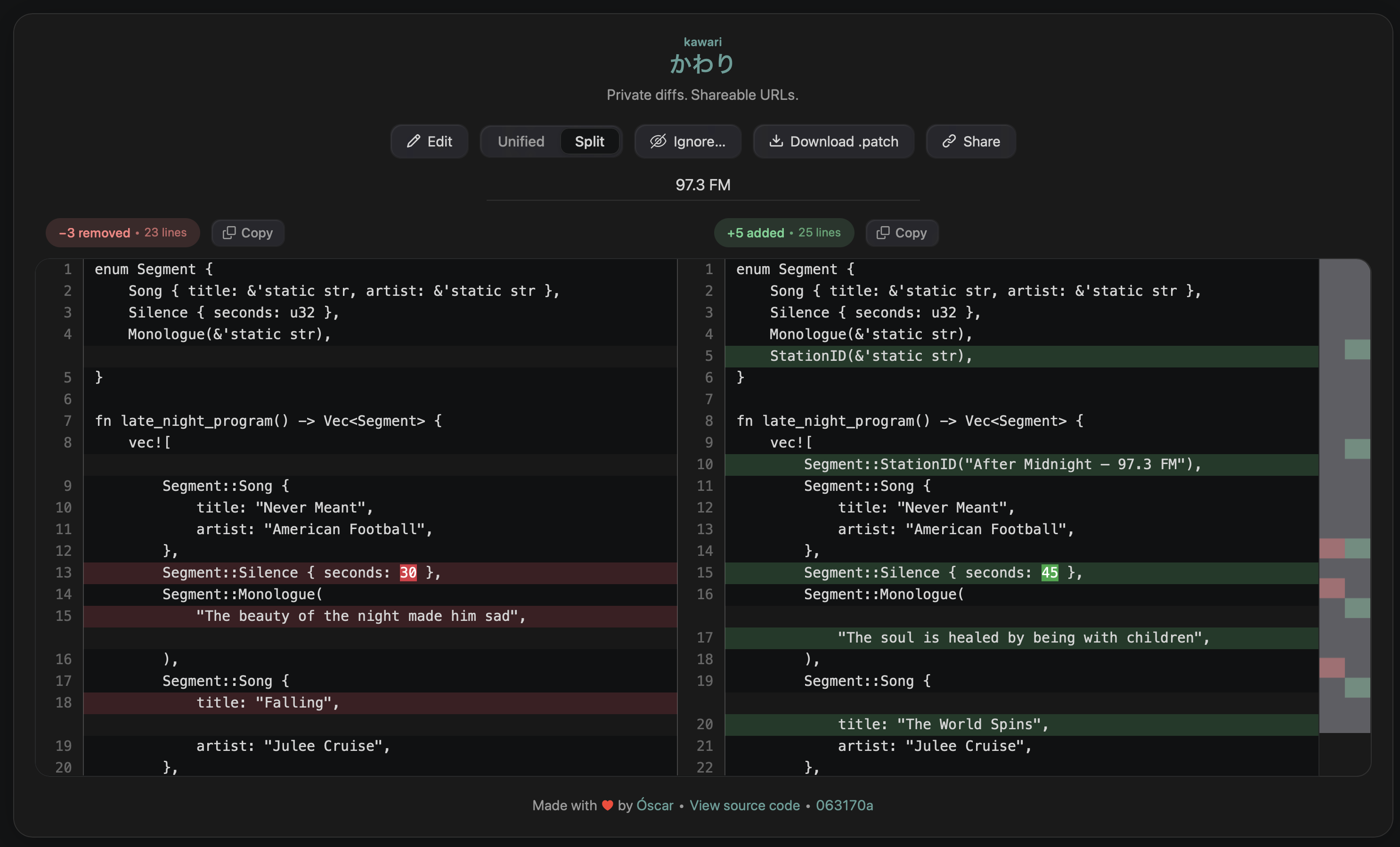 Captura de pantalla de kawari mostrant un diff costat a costat d'un programa en Rust, amb addicions en verd i eliminacions en vermell