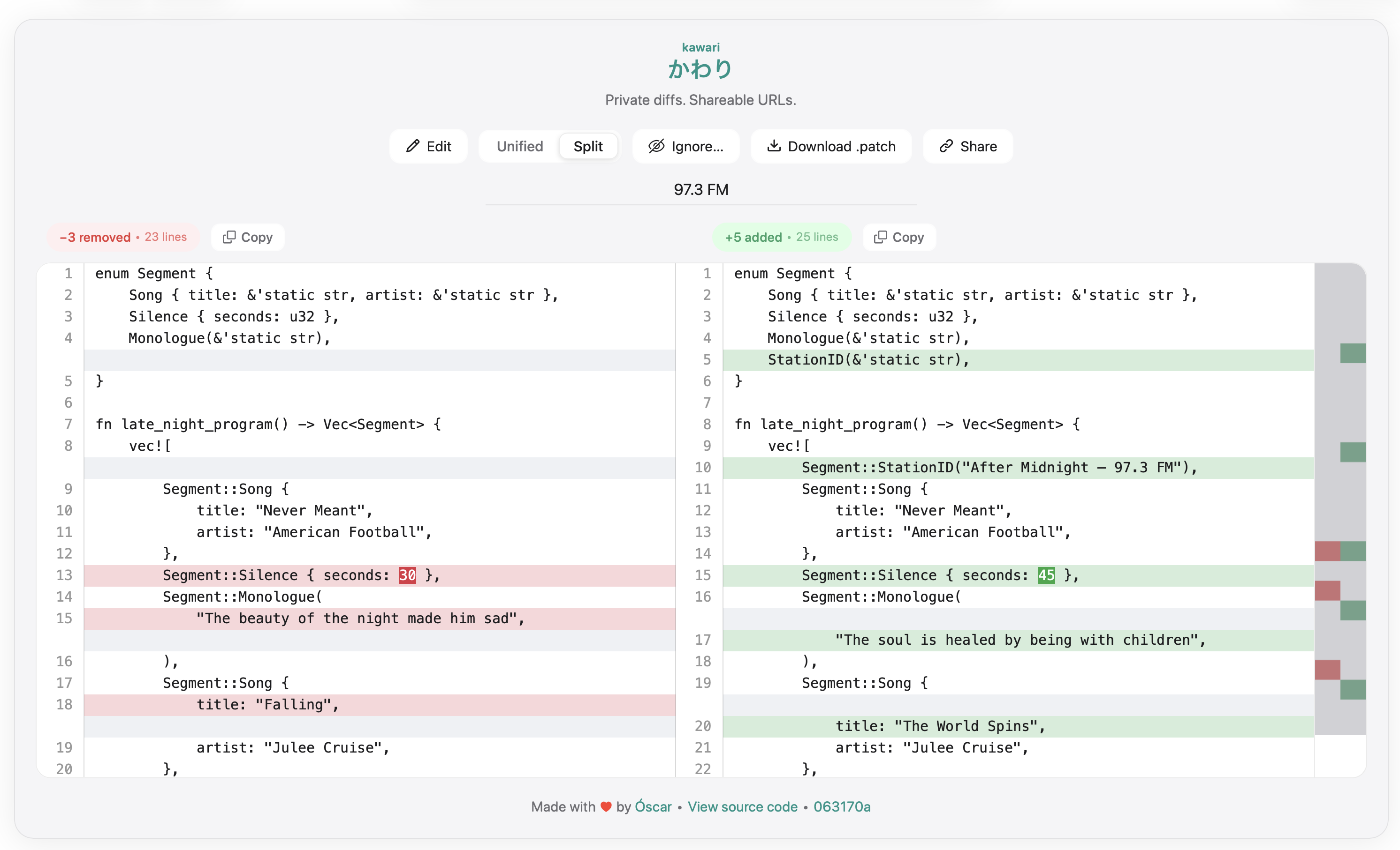 Captura de pantalla de kawari mostrant un diff costat a costat d'un programa en Rust, amb addicions en verd i eliminacions en vermell